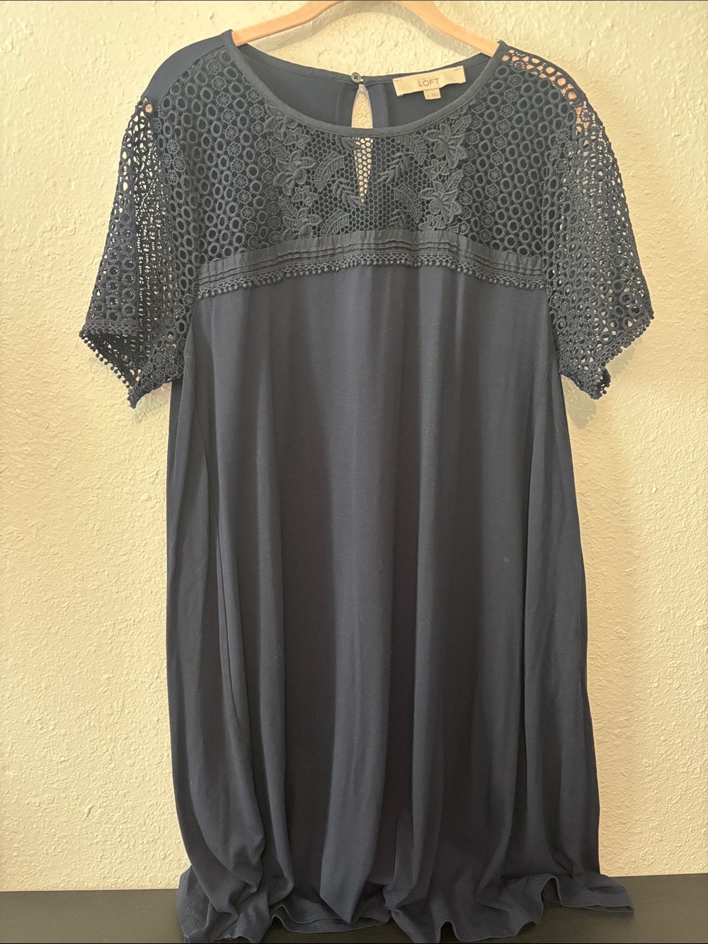 LOFT Navy Crochet Yoke Short Sleeve Dress